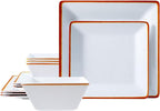 TP 12-Piece Melamine Dinnerware Sets, Plates and Bowls Dishes Set for 4, Break-Resistant & Non-Microwavable, Lightweight Square Dinner Plates, White with Rim