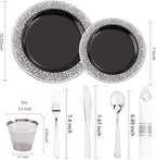 NOCCUR 210PCS Black and Silver Dinnerware Set for 30 Guests - Black Plastic Plates with Silver Rim Include 30 Dinner / 30 Dessert Plates, 30 Prewrapped Silverware, 30 Cups Ideal for Party/Graduation
