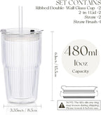 KEMORELA 16oz Ribbed Glass tumbler with Lids and Straws 2pcs,Double Wall Iced Coffee Cups with Lids,Coffee Bar Accessories, Insulated Borosilicate Glass Tumblers, To Go Coffee Cups, Spill proof