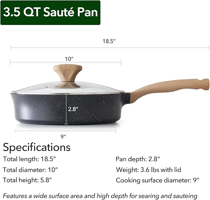 Nonstick Deep Frying Pan with Lid, 3.5 QT Swiss Granite Coating Sauté Pan, 10 Inch Healthy Non Stick Skillet Cooking Pan with Stay Cool Handles, PFOA Free, Induction Ready.