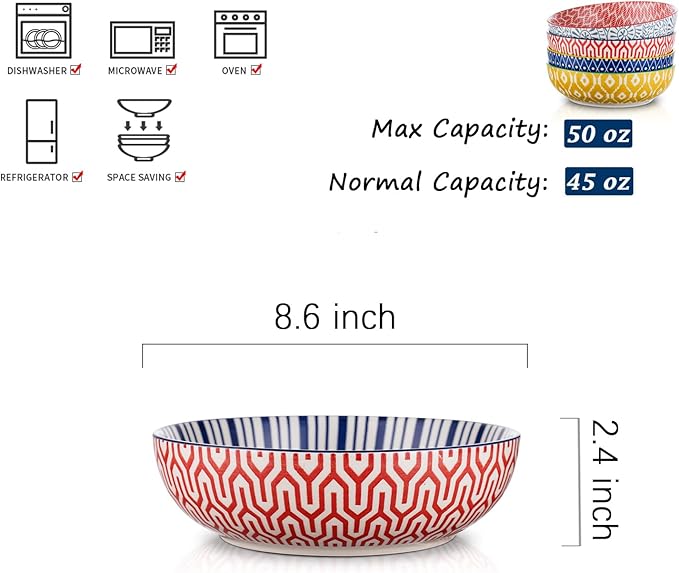 Selamica Ceramic 50 Ounce Pasta Bowls Set of 4, 8.6 Inch Large Salad Bowls, Wide and Shallow Porcelain Soup Bowls, Stackable Serving Bowls, Microwave Dishwasher Safe, Assorted Colors