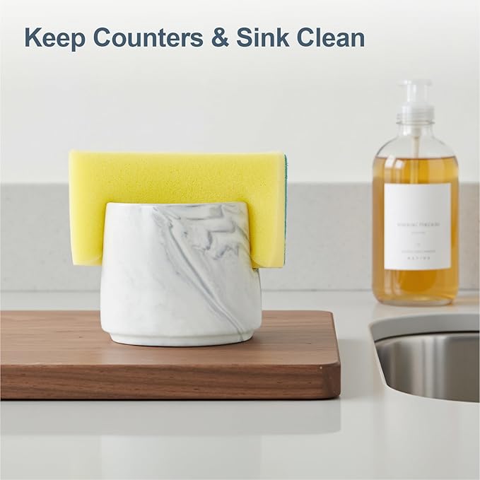 ONEMORE Ceramic Sponge Holder for Kitchen Sink, Dish Sponge Holder with Drain, Kitchen Sink Organizer for Sponge and Soap, Cute Ceramic Sink Holder, In Sink Sponge Storage for Kitchen Counter, Marble