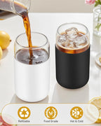 sungwoo Glass Cups with Lids and Straws, 4 Pack 16OZ Iced Coffee Cups with Silicone Sleeve, Glass Tumbler with Straw and Bamboo Lid, Home Essential Drinking Set for Juice, Cocktail and Tea Black&White