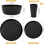 EI 24pcs Black Wheat Straw Plates,Wheat Straw Dinnerware Set,Plates and Bowls Sets,Reuasble Plate,Unbreakable Dinner Plate Heavy Duty Plastic for Picnic Outdoor Activities Dormitory Kitchen