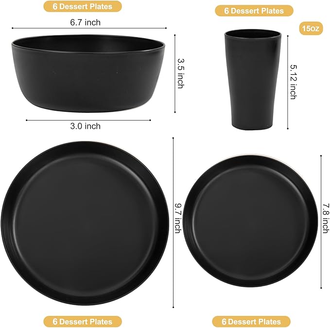 EI 24pcs Black Wheat Straw Plates,Wheat Straw Dinnerware Set,Plates and Bowls Sets,Reuasble Plate,Unbreakable Dinner Plate Heavy Duty Plastic for Picnic Outdoor Activities Dormitory Kitchen