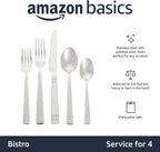 Amazon Basics Silverware, 20-Piece Stainless Steel Flatware Set, Dishwasher Safe, Service for 4, Bistro