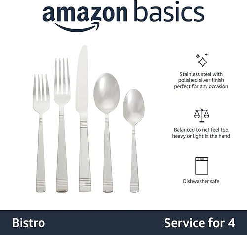Amazon Basics Silverware, 20-Piece Stainless Steel Flatware Set, Dishwasher Safe, Service for 4, Bistro