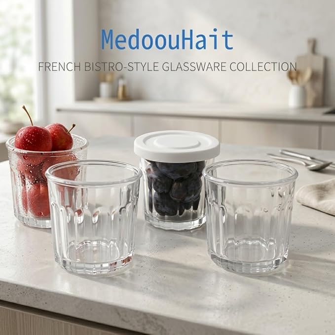 Glass Cups with Lids Set of 4,13.5oz Thick Drinking Glasses, Heavy Duty Glass Tumblers, Stackable Food Storage Jars, Clear Picardie Style Glassware