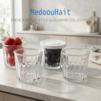 Glass Cups with Lids Set of 4,13.5oz Thick Drinking Glasses, Heavy Duty Glass Tumblers, Stackable Food Storage Jars, Clear Picardie Style Glassware