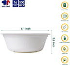JOLLY CHEF Compostable Disposable Paper Bowls [16 oz] Heavy Duty Soup Uncoated Containers [500 Pack] White Biodegradable Bagasse Hot Cold Food Eco-Friendly Sugarcane Microwavable for Dessert Christmas