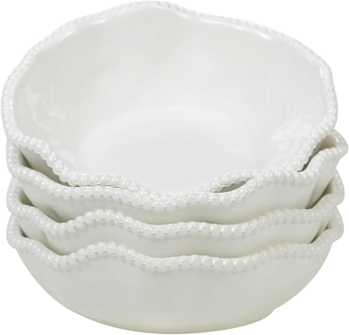 Perlette Cream Beaded All-Purpose Bowls – Set of 4, 7.5" x 2", 22 oz Elegant Melamine, Shatterproof & Heavyweight, Scratch-Resistant, Dishwasher Safe – Perfect for Soups, Salads, Cereal & Entertaining