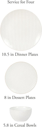 Gibson Elite Oyster Tide Embossed 12 Piece (Service for 4) Plates and Bowls Reactive Glaze Round Dishes Stoneware Ceramic Dinnerware Set, White
