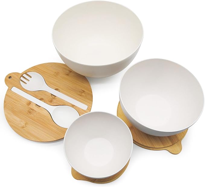 ECOWAY Salad Bowls Set of 3 with Seal Lid & Serving Utensils, Bamboo Fiber Mixing Bowls Set Large Serving Bowls & Storage Set with Bamboo Lid for Salad, Kitchen Eating, Pasta, Popcorn, Fruit, White