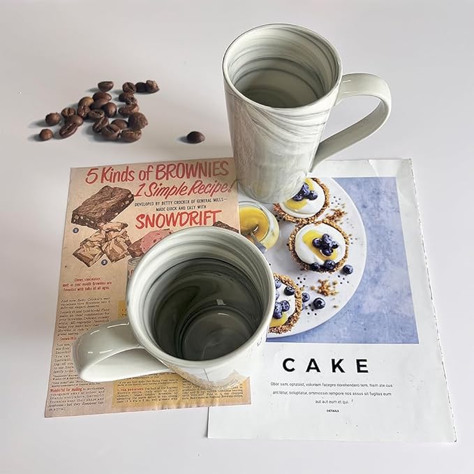 20 OZ Large Coffee Mugs, Grey Marble Ceramic Tall Beer Cups with Handle Set of 2 600 ml Oversized Porcelain Bulk Big Tea Cup for Men Women Gifts Mom and Dad