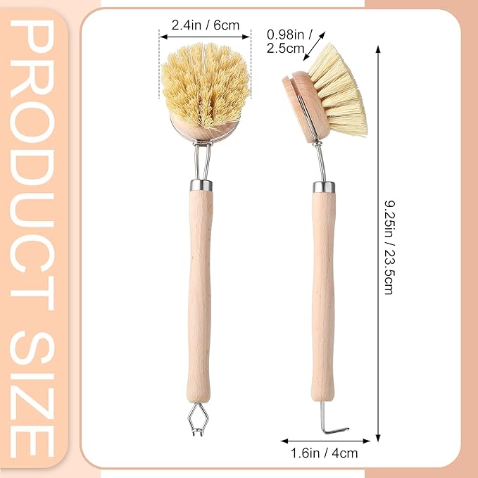 Maxdot 10 Pcs Kitchen Dish Brush with Beechwood Handle Natural Wooden Handle Scrub Brush Fiber Bristles Dish Scrub 2 Inch Replacement Head for Pots Pans Utensils Washing Supplies
