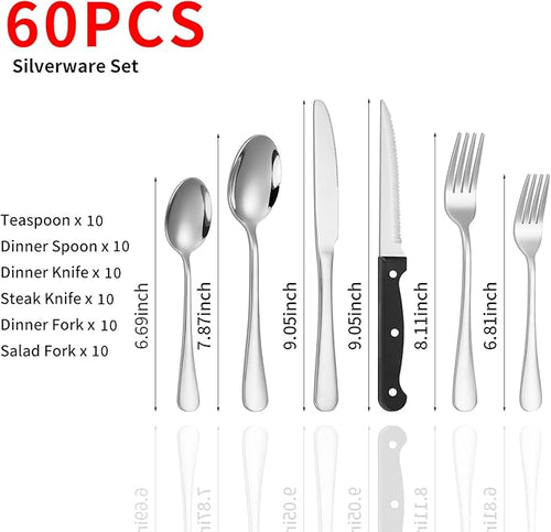 60-Piece Silverware Set with Steak Knives Stainless Steel Flatware Set for 10 Food Grade Tableware Cutlery Set Rust-proof, Mirror Polished, Dishwasher Safe