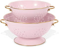Metal Colander Set of 2, Strainer Basket with Handles 3.5 & 5 Qt Powder Coated Self-draining Solid Ring Base Metal Large Kitchen Colander Bowel for Pasta Vegetable Fruit (PINK)