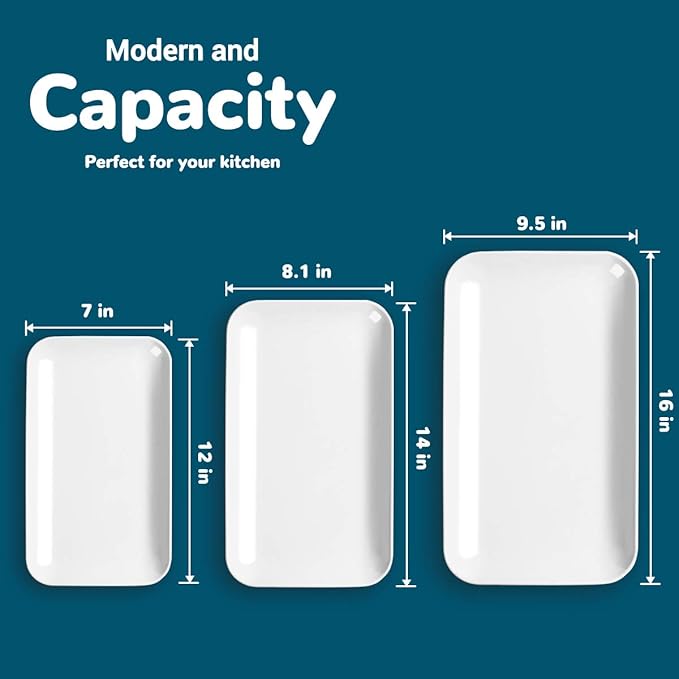 DELLING Large Serving Platter Set of 3, 16/14/12 Inch Porcelain Serving Trays for Party - White Ceramic Rectangular Platters for Entertaining, Appetizer Fruit Tray for Easter Bridal Shower Dinner