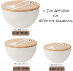 10” Bamboo Fiber Large Salad Serving Bowl Set with Wooden Lid & Servers, 3.5Qt Big Bowl with Utensils for Mixing Salad,Fruit,Pasta,Lightweight & Dishwasher Safe, Ideal Gift for Home - Matte White