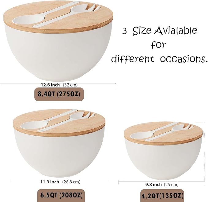 10” Bamboo Fiber Large Salad Serving Bowl Set with Wooden Lid & Servers, 3.5Qt Big Bowl with Utensils for Mixing Salad,Fruit,Pasta,Lightweight & Dishwasher Safe, Ideal Gift for Home - Matte White