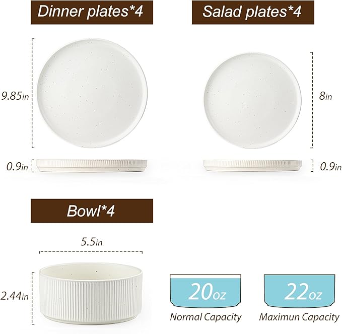 Ceramic Dinnerware Sets for 4-12 Piece Plates and Bowls Set, Microwave and Dishwasher Safe Stoneware, Ribbed Dishes and 22oz Bowls, Speckled White