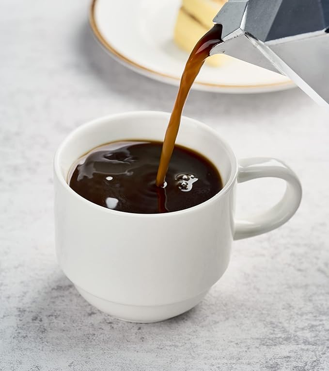 YHOSSEUN Porcelain Coffee Mug Set of 4, Stackable Coffee Mugs with Metal Stand & Spoons, 11 Oz Espresso Coffee Cups Mug Set for Americano, Chocolate Drinks, Milk, Tea, White
