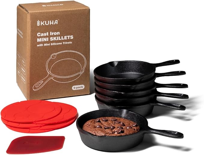 KUHA Small Cast Iron Skillet Set | Pre-Seasoned Mini Cast Iron Skillets for Cookies, Eggs & Desserts | For Baking & Serving | 6 Silicone Trivets & Scraper Included | 4", Set of 6