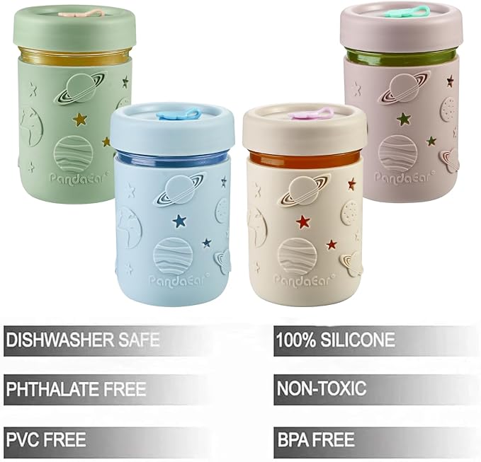 PandaEar 4 Pack Kids & Toddler Glass Cups, Glass Mason Jar Cups 8.45 oz with Silicone Sleeves & Straws, Toddler Spill-Proof Smoothie Cups for Children Ages 3+