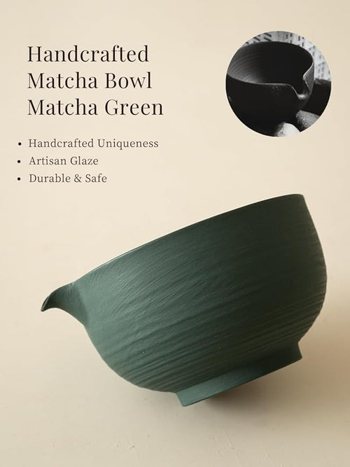 6-pcs Japanese Matcha Whisk Set, Handmade Ceramic Matcha Set with Bowl(Chawan),Bamboo Whisk(Chasen) and Holder, Scoop, Sifter & Tea Towel,Matcha Kit for Ceremony (Turquoise Green)