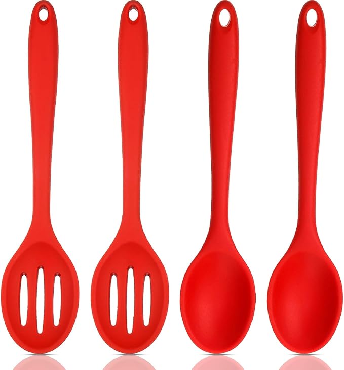 Boao 4 Pcs Silicone Spoons for Cooking 10.6 Inch Large Nonstick Serving Spoons Heat Resistant Slotted Spoon for Mixing & Stirring Kitchen Cooking Utensils, Dishwasher Safe(Red)