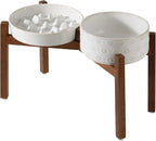 Havniva Ceramic 1.6 Cup Raised Slow Feeder Dog Bowl Set, Elevated 7.3inch Bowl and 8.2inch Slow Feeder Dish with Acacia Wood Stand for Medium and Large Dogs (2 x Reactived Glaze -White+ Stand)