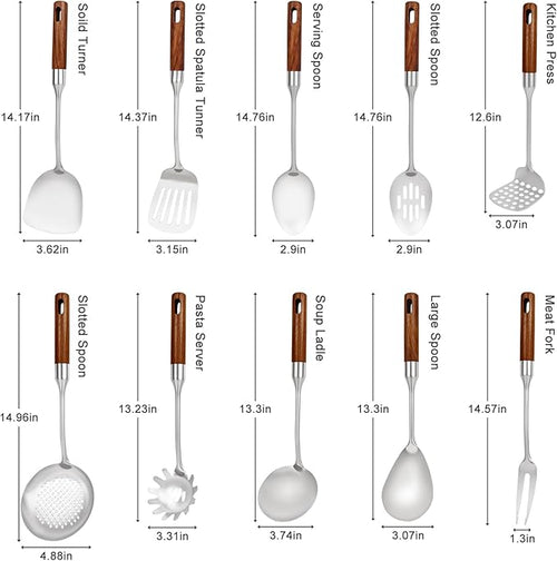 304 Stainless Steel Cooking Utensils Set with Wood Handle,10 Piece Metal Kitchen Utensils Dishwasher Safe Heat Resistant Serving Utensil Wok Tools (13-14in)