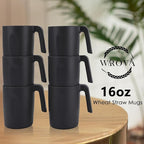 Wrova 16oz Wheat Straw Cups with handles set of 6-Plastic Cups Reusable-Unbreakable Kids Mugs-Dishwasher Safe & Microwave Safe-Ideal Plastic Mugs for Tea,Coffee,Camping,RV-Black