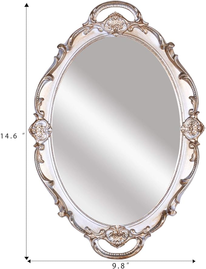Zosenley Polyresin Ellipse Antique Decorative Mirror Tray, Makeup Organizer, Jewelry Organizer, Serving Tray, 9.8”x 14.6”, Golden Silver