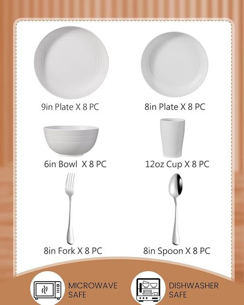 48 Piece Plates and Bowls Sets for 8- Unbreakable Wheat Straw Dinnerware Sets Includes Stainless Steel Forks for Picnic Camping Outdoor Kitchen and Apartment Dinning RV Essentials-White