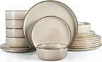 Herogo Stoneware Plates and Bowls Sets for 6, 18 Pieces Modern Round Dinnerware, Reactive Glaze Dishes Set for Kitchen, Chip Resistant, Microwave & Dishwasher Safe, Cream Khaki