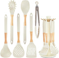 Kitchen Utensils Set - 7 PCS Non-Stick Silicone Cooking Utensils Set Spatula Set with Holder, Wooden Handle Spoon,Tongs,Whisk Kitchen Gadgets Tools Set for Nonstick Cookware (Cream White-7Max)