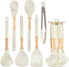 Kitchen Utensils Set - 7 PCS Non-Stick Silicone Cooking Utensils Set Spatula Set with Holder, Wooden Handle Spoon,Tongs,Whisk Kitchen Gadgets Tools Set for Nonstick Cookware (Cream White-7Max)
