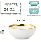 vicrays Ceramic Salad Bowls Set for Kitchen, Serving - 24 Ounce Soup Bowls, Pasta Bowls, Chip Resistant, Dishwasher Safe, NOT Microwave Safe, Fluted, Stoneware, Set of 6 (White with Golden)