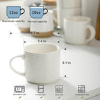 HASENSE Coffee Mugs 12 OZ Ceramic Cups Set of 4, Stackable Embossed Coffee Cups with Rack, Porcelain Coffee Cups for Latte, Cappuccino, Mocha, Cocoa, Americano, Hot Tea and Milk, White