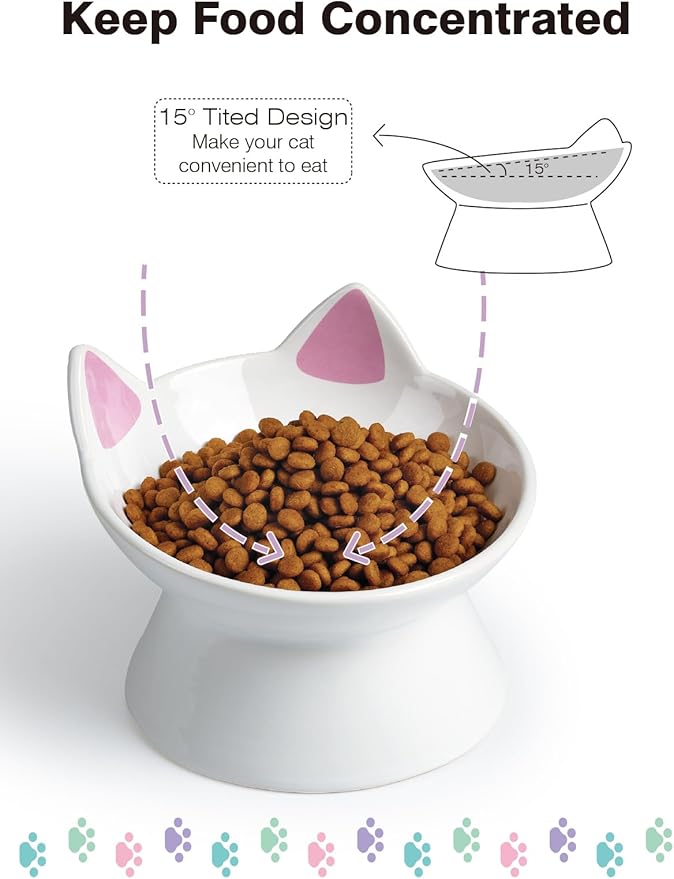 ABRUTY Cat Food Bowl, 5 OZ Ceramic Elevated Kitten Water Bowl, 15° Tilted Raised Pet Feeder, Anti Vomiting and Whisker Friendly Dishes for Fat Faced, Cat, Kitten, Small Dog