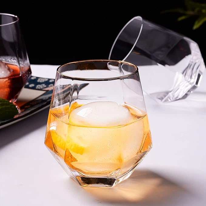 XKXKKE Diamond Wine Glasses Set of 4, 10 OZ Modern Stemless Gold Rim Glass Cups Clear Drinking Glassware for Serving Party, Home, Bar, Restaurants, Transparent 4 Pack