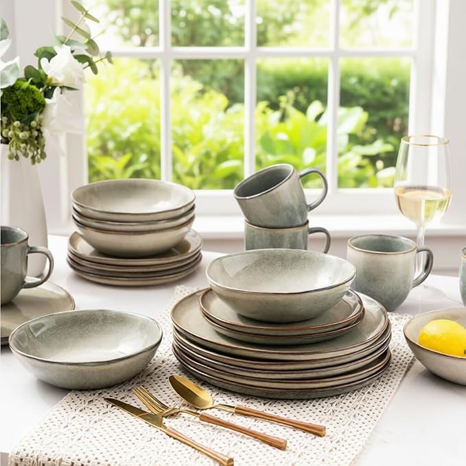 AmorArc Ceramic Dinnerware Sets,Handmade Reactive Glaze Stoneware Plates and Bowls Sets,Highly Scratch Resistant | Dishwasher & Microwave Safe Dishes Set,Service for 6 (18pc)