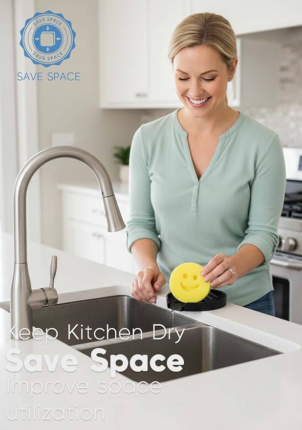 Holder for Scrub Daddy, Thinnest Build to Last Sponges Holders, Durable Smiley Face Sponge Rack, Large Soap Dish & Sink Caddy Organizer, Dishwasher Safe (Black, 1)