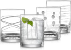 Joeyan Hand Blown Etched Whiskey Glasses,Old Fashioned Tumblers with Stripes Dots Pattern,Clear Carved Rocks Glasses,Scotch Bourbon Glassware for Party Anniversary,13.5 oz,Set of 4,Dishwasher Safe