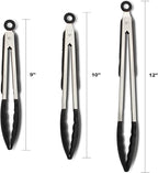 3 Pack Black Kitchen Tongs, Premium Silicone BPA Free Non-Stick Stainless Steel BBQ Cooking Grilling Locking Food Tongs, 9-Inch 10-Inch & 12-Inch