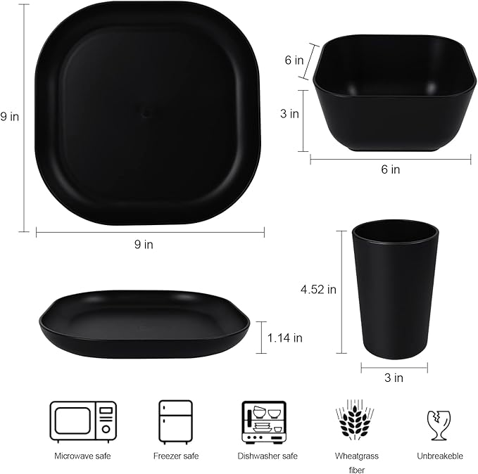 48-Piece Plastic Wheat Straw Square Dinnerware Sets Plates and Bowls Sets for 8 Lightweight Bowls Unbreakable Dish Set Dishwasher Microwave Safe Suitable for Camping Party Grill（Black）
