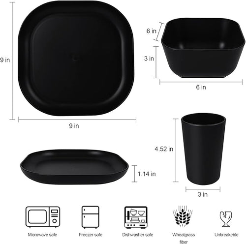 48-Piece Plastic Wheat Straw Square Dinnerware Sets Plates and Bowls Sets for 8 Lightweight Bowls Unbreakable Dish Set Dishwasher Microwave Safe Suitable for Camping Party Grill（Black）