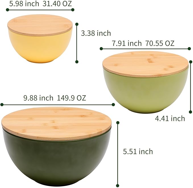 ECOWAY Salad Bowl Set of 3 with Bamboo Lids, Mixing Bowl Set, Nesting Bowls for Space Saving Storage, Made with Durable Eco-Friendly Bamboo Fiber, Great for Prepping and Serving Food (3 Colors)