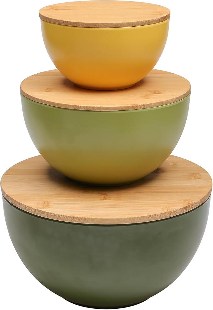 ECOWAY Salad Bowl Set of 3 with Bamboo Lids, Mixing Bowl Set, Nesting Bowls for Space Saving Storage, Made with Durable Eco-Friendly Bamboo Fiber, Great for Prepping and Serving Food (3 Colors)